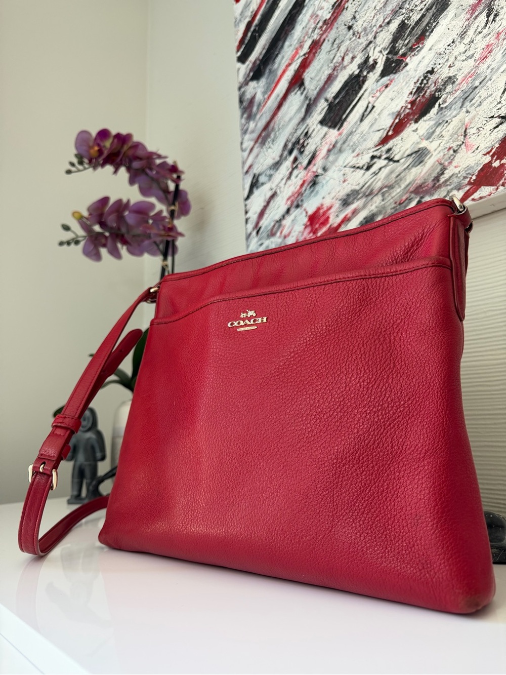 Coach Red Pebbled Leather Crossbody Bag Gold Hardware Adjustable Strap